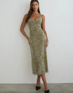Selayu Midi Dress in Moss Petal Olive