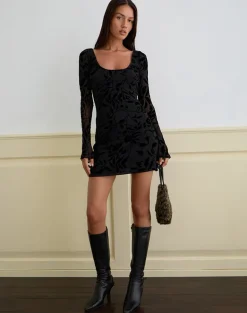 Selca Mini Dress in Flock Leaf Flower Black
