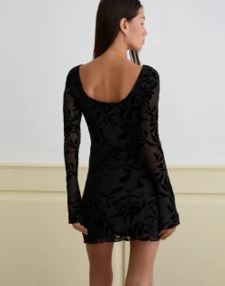 Selca Mini Dress in Flock Leaf Flower Black