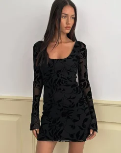 Selca Mini Dress in Flock Leaf Flower Black