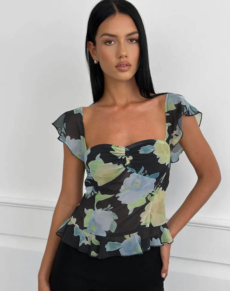 Selita Top in Black Chiffon with Crystal Flower Print