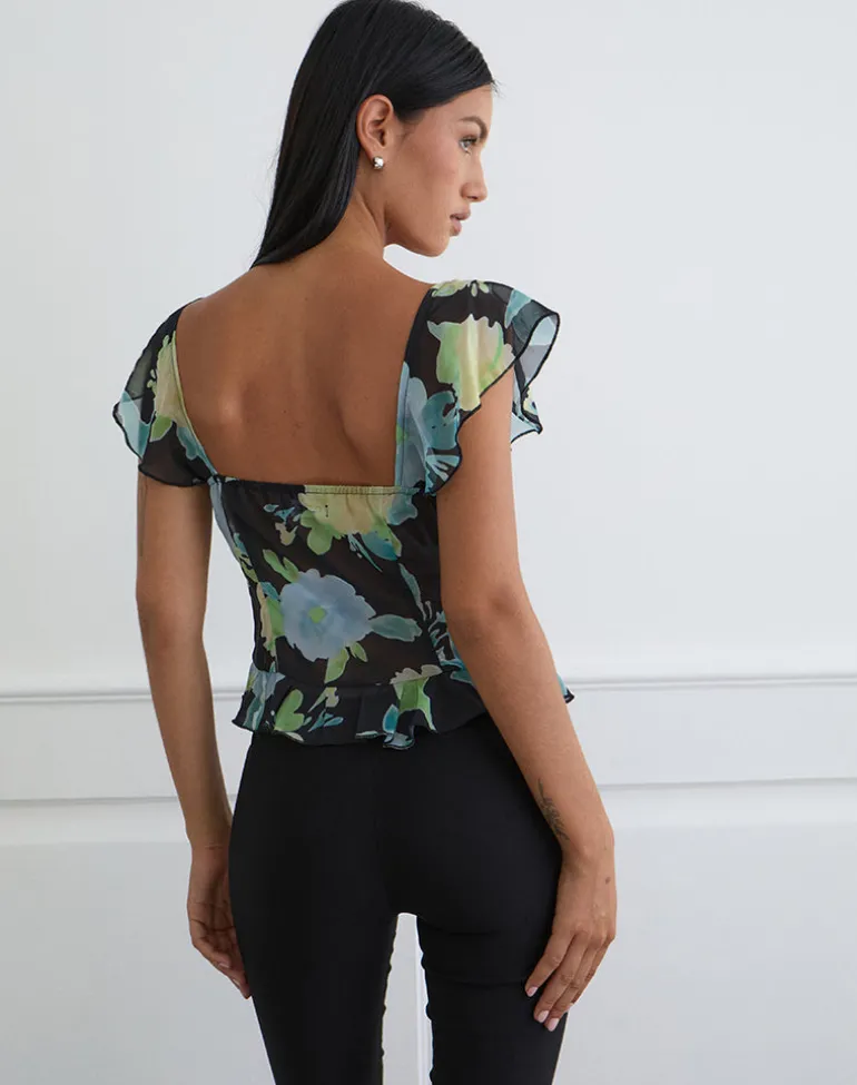Selita Top in Black Chiffon with Crystal Flower Print