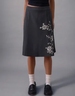 Sepzhi Midi Skirt in Vine Flower Embroidered Dark Charcoal