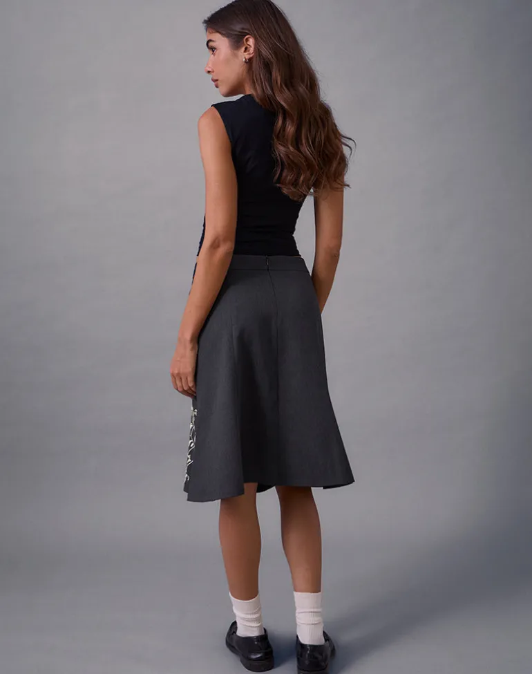 Sepzhi Midi Skirt in Vine Flower Embroidered Dark Charcoal