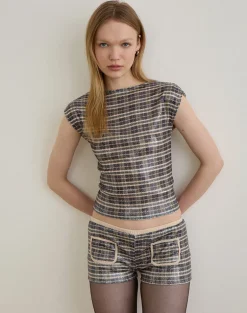 Serafim Short in Sequin Vintage Check Brown