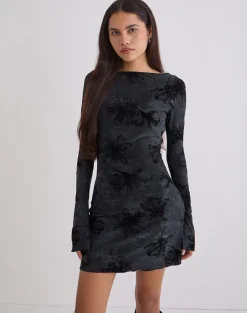 Sevila Long Sleeve Mini Dress in Burnout Velvet Grey