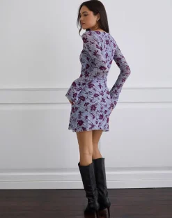 Sevila Long Sleeve Mini Dress in Lotus Flock Checked Lavender