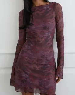 Sevila Long Sleeve Mini Dress in Mesh Blurry Floral Burgundy