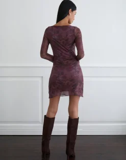 Sevila Long Sleeve Mini Dress in Mesh Blurry Floral Burgundy