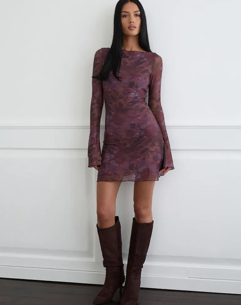 Sevila Long Sleeve Mini Dress in Mesh Blurry Floral Burgundy