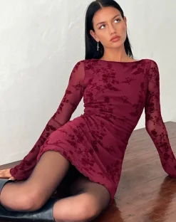 Sevila Long Sleeve Mini Dress in Flocked Botanical Flower Maroon