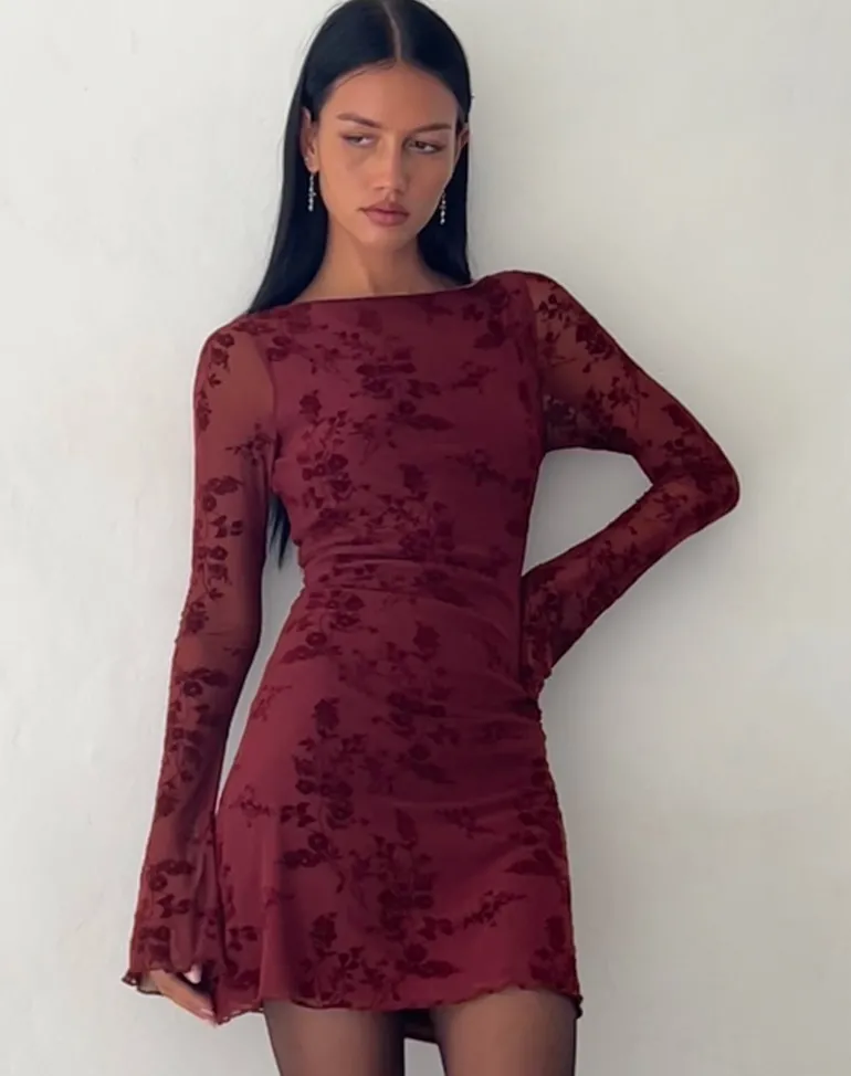 Sevila Long Sleeve Mini Dress in Flocked Botanical Flower Maroon