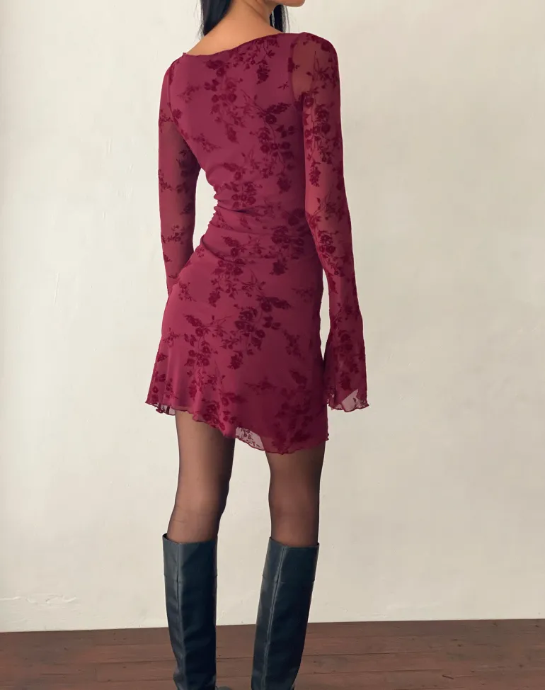Sevila Long Sleeve Mini Dress in Flocked Botanical Flower Maroon