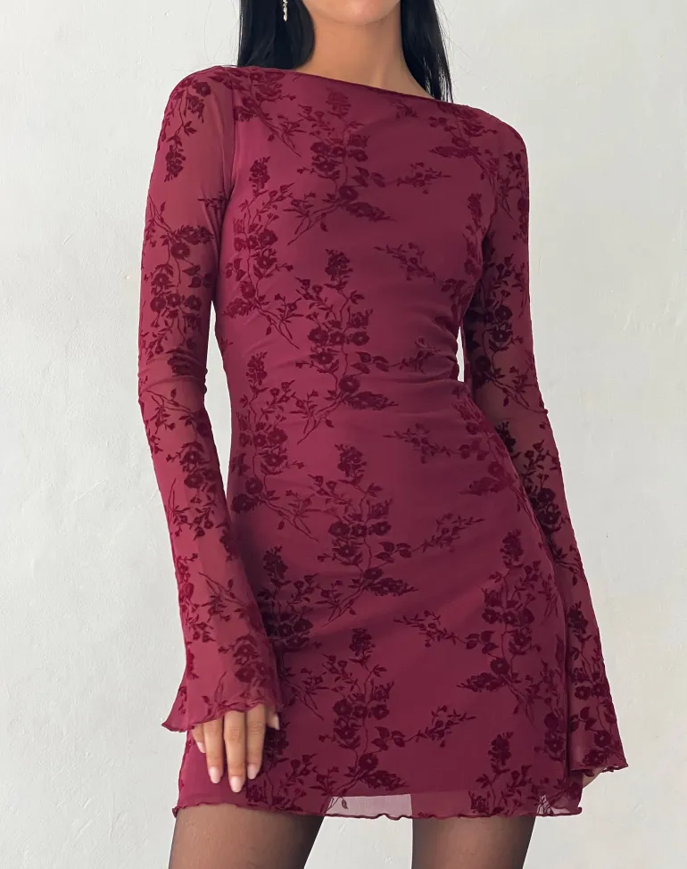Sevila Long Sleeve Mini Dress in Flocked Botanical Flower Maroon