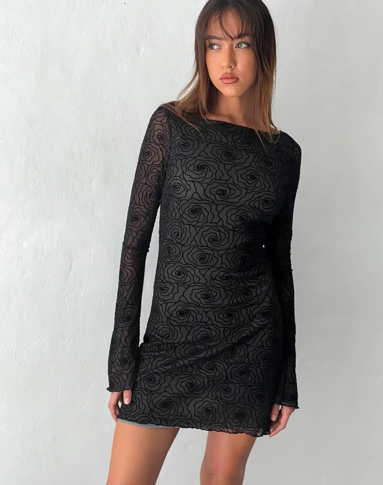 Sevila Long Sleeve Mini Dress in Mesh Black Abstract Flower Flock