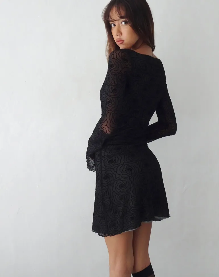 Sevila Long Sleeve Mini Dress in Mesh Black Abstract Flower Flock