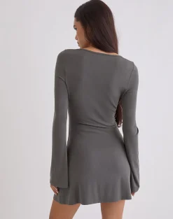 Sevila Long Sleeve Mini Dress in Cupro Diamante Flower Dark Grey
