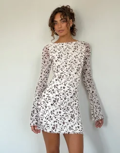 Sevila Long Sleeve Mini Dress in Stem Flower Flock Brown