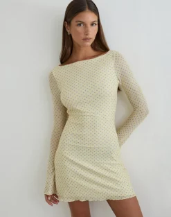 Sevila Mini Dress in Yellow with Compact Grey Polka