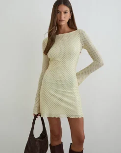 Sevila Mini Dress in Yellow with Compact Grey Polka
