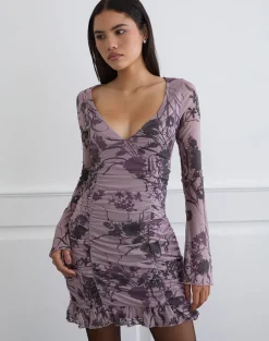 Sezuko Dress in Flock Shadow Flower Purple