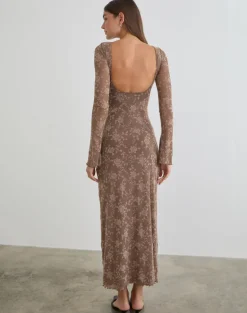 Shaleed Maxi Dress in Leafy Flock Dark Taupe