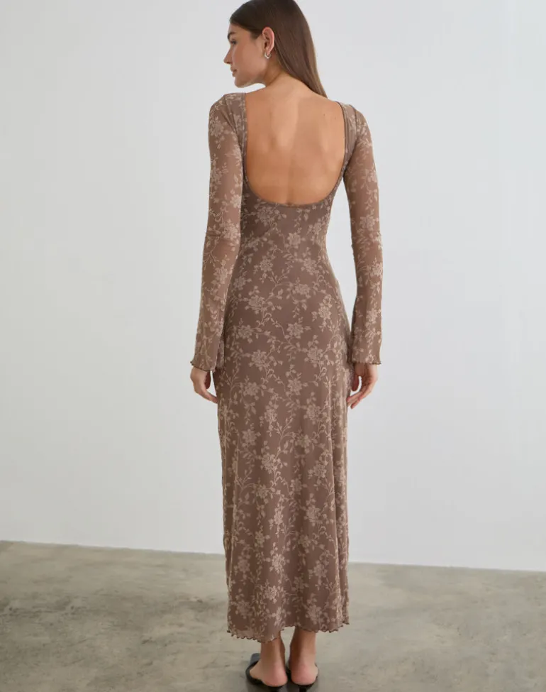 Shaleed Maxi Dress in Leafy Flock Dark Taupe