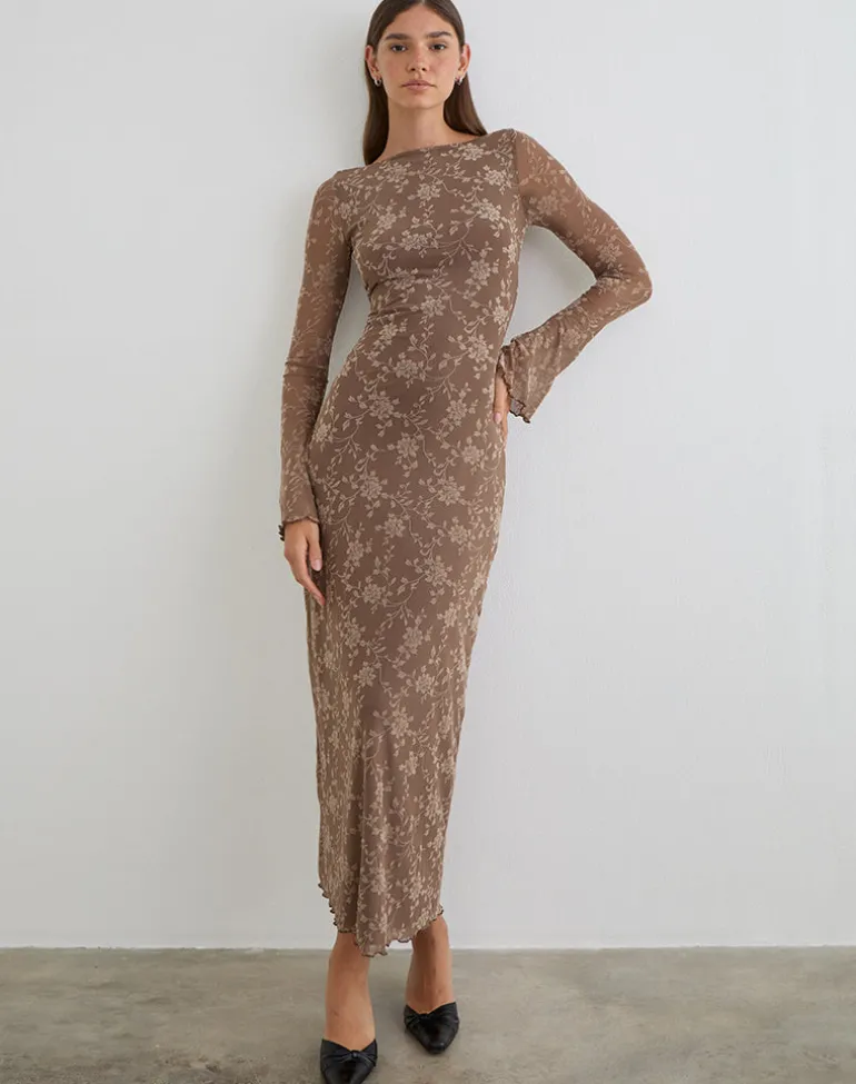 Shaleed Maxi Dress in Leafy Flock Dark Taupe