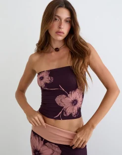 Shali Bandeau Top in Burgundy with Flower Silhouette