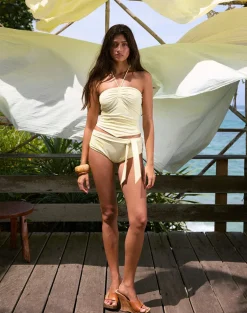 Shava Swim Short in Pale Yellow with Vintage Bloom Print and Tie Belt