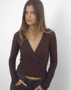 Sheon Long Sleeve Top in Rayon Jersey Brown with Micro Polka Print