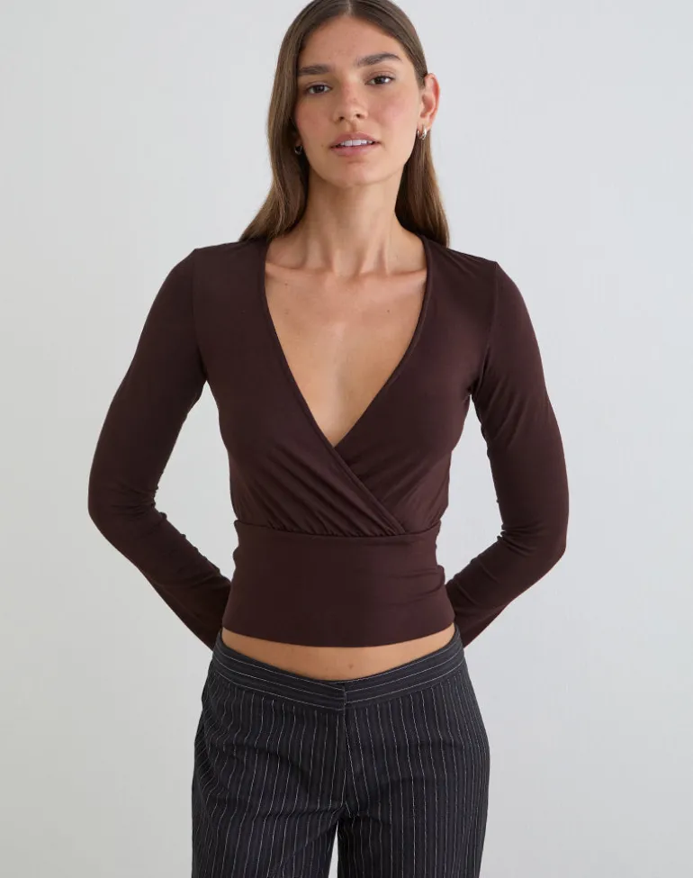Sheon Long Sleeve Top in Rayon Jersey Bitter Chocolate