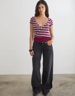 Shilpa Top in Maxi Stripe Wine and Grey