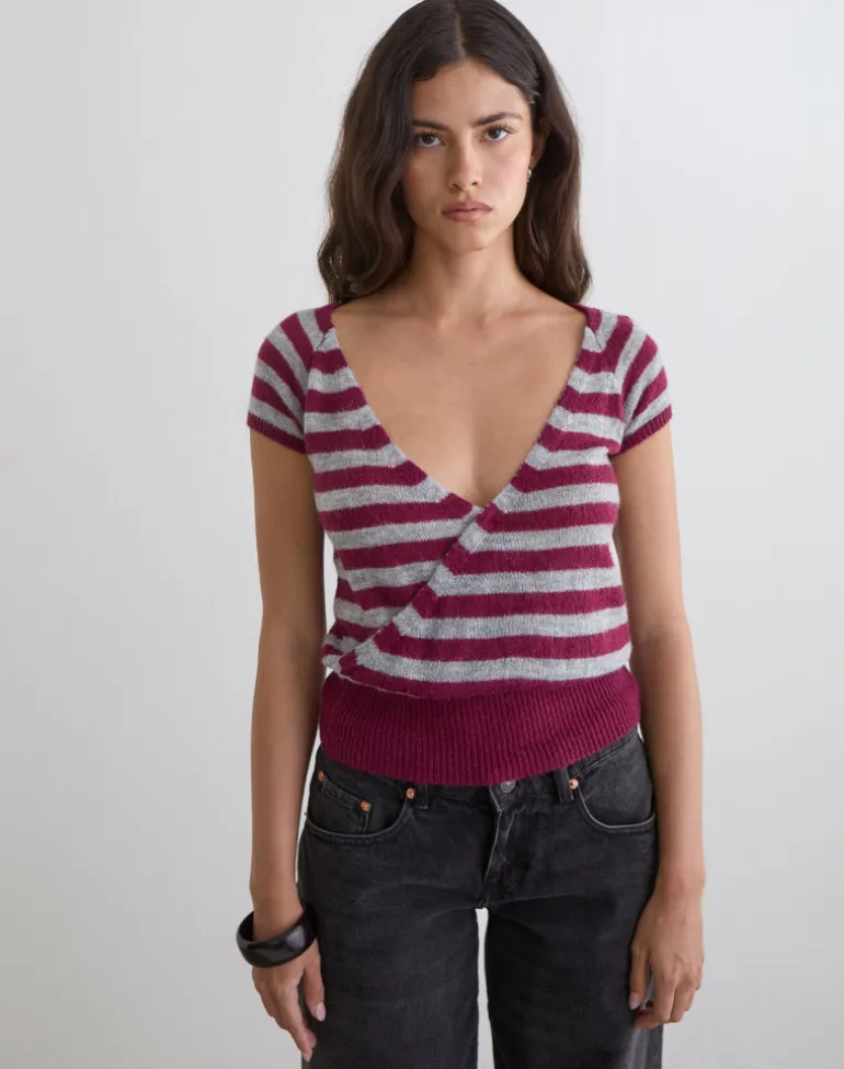 Shilpa Top in Maxi Stripe Wine and Grey