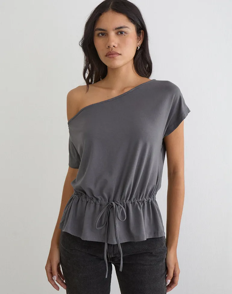 Sika One Shoulder Top in Charcoal Grey with Tie Belt