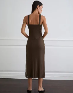 Silvra Halterneck Midi Dress in Brown with Pink Flower Print