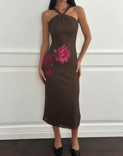 Silvra Halterneck Midi Dress in Brown with Pink Flower Print