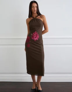 Silvra Halterneck Midi Dress in Brown with Pink Flower Print