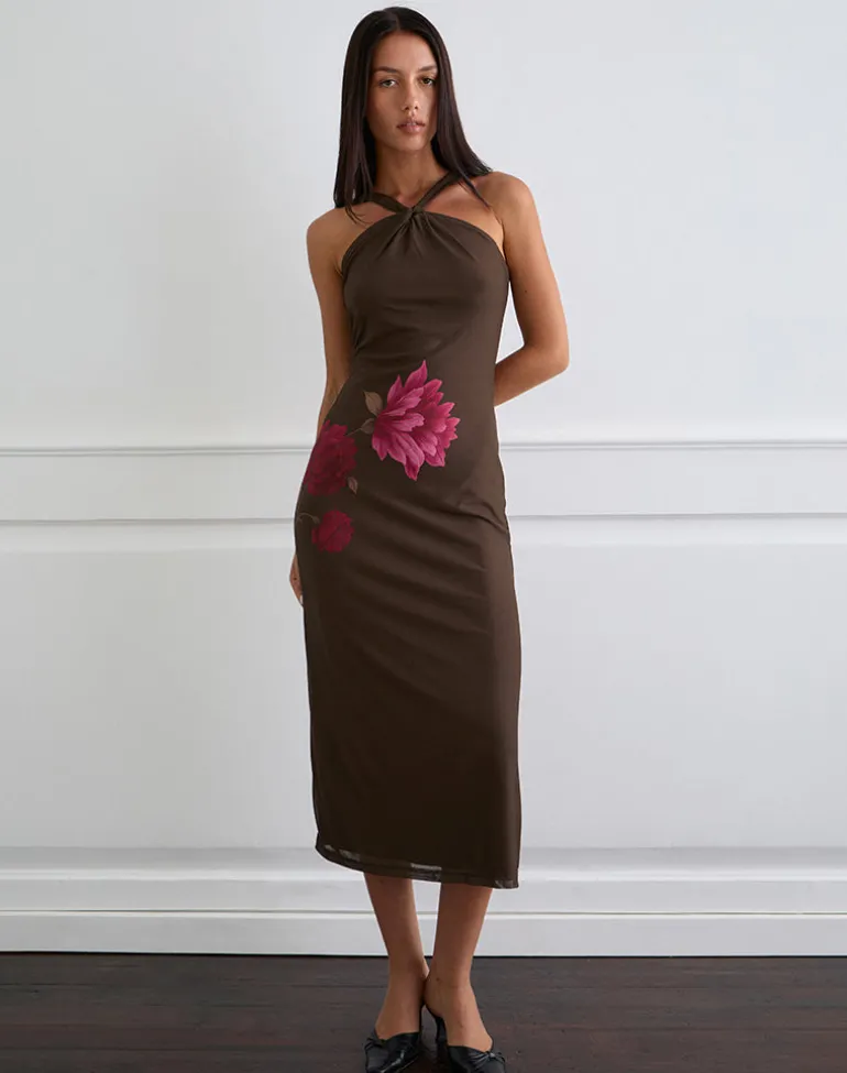 Silvra Halterneck Midi Dress in Brown with Pink Flower Print