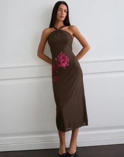 Silvra Halterneck Midi Dress in Brown with Pink Flower Print
