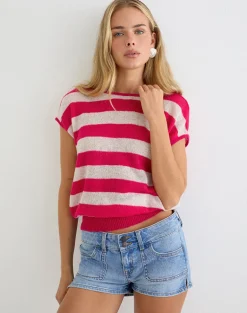 Sinda Scoopback Top in Knit Maxi Stripe Raspberry and Beige