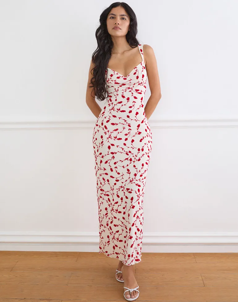 Sitiya Maxi Dress in Cream with Red Leafy Lily Flock