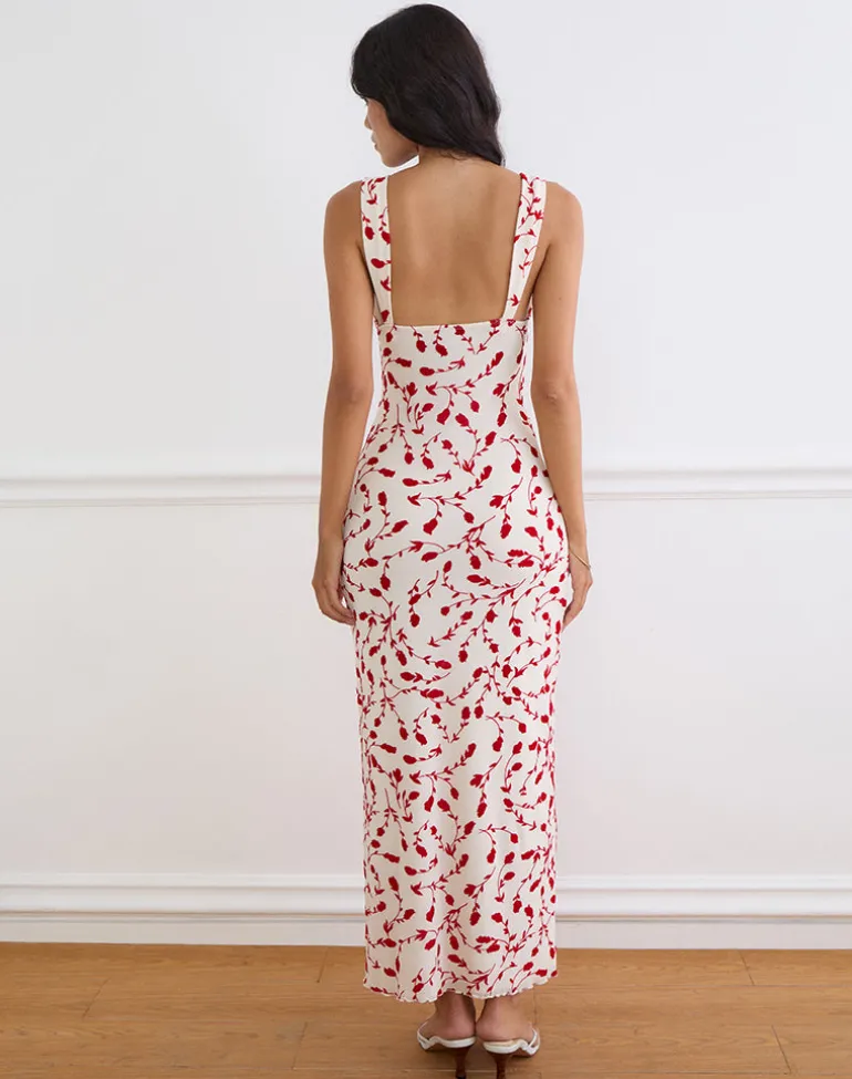 Sitiya Maxi Dress in Cream with Red Leafy Lily Flock