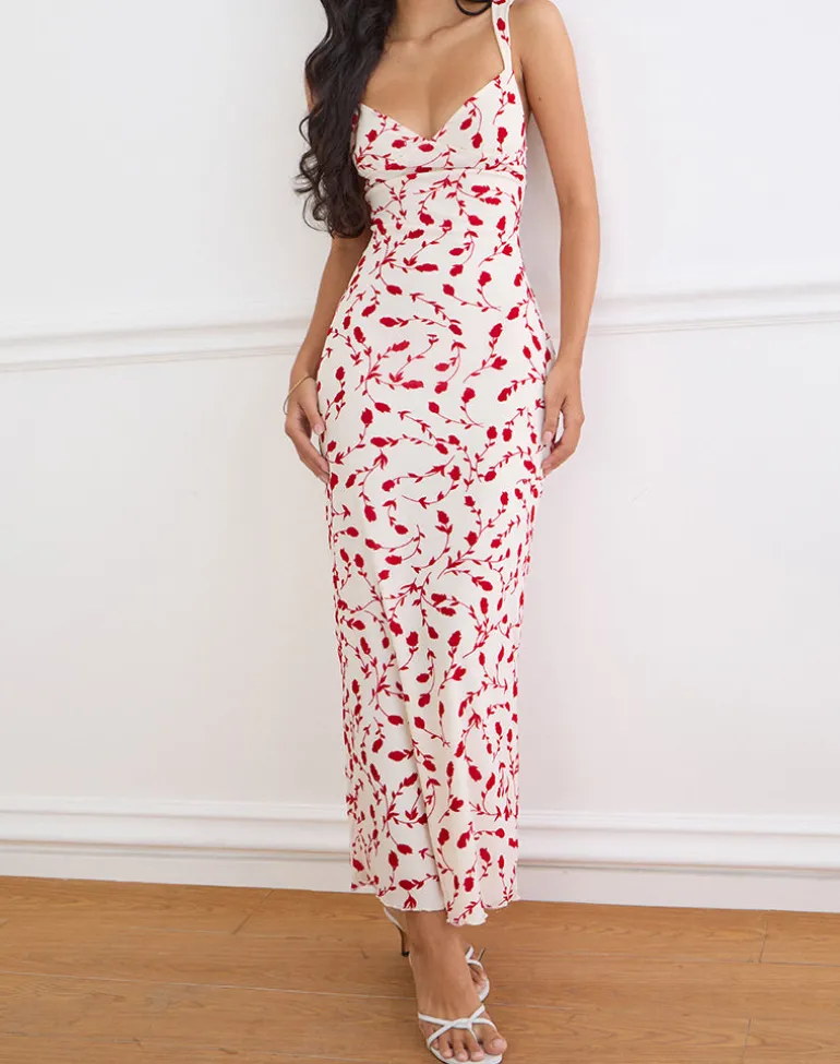 Sitiya Maxi Dress in Cream with Red Leafy Lily Flock