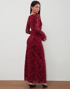 Slokya Long Sleeve Maxi Dress in Vine Floral Flock Cherry