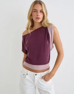 Sobiya One Shoulder Top in Cupro Deep Purple and Dusty Pink