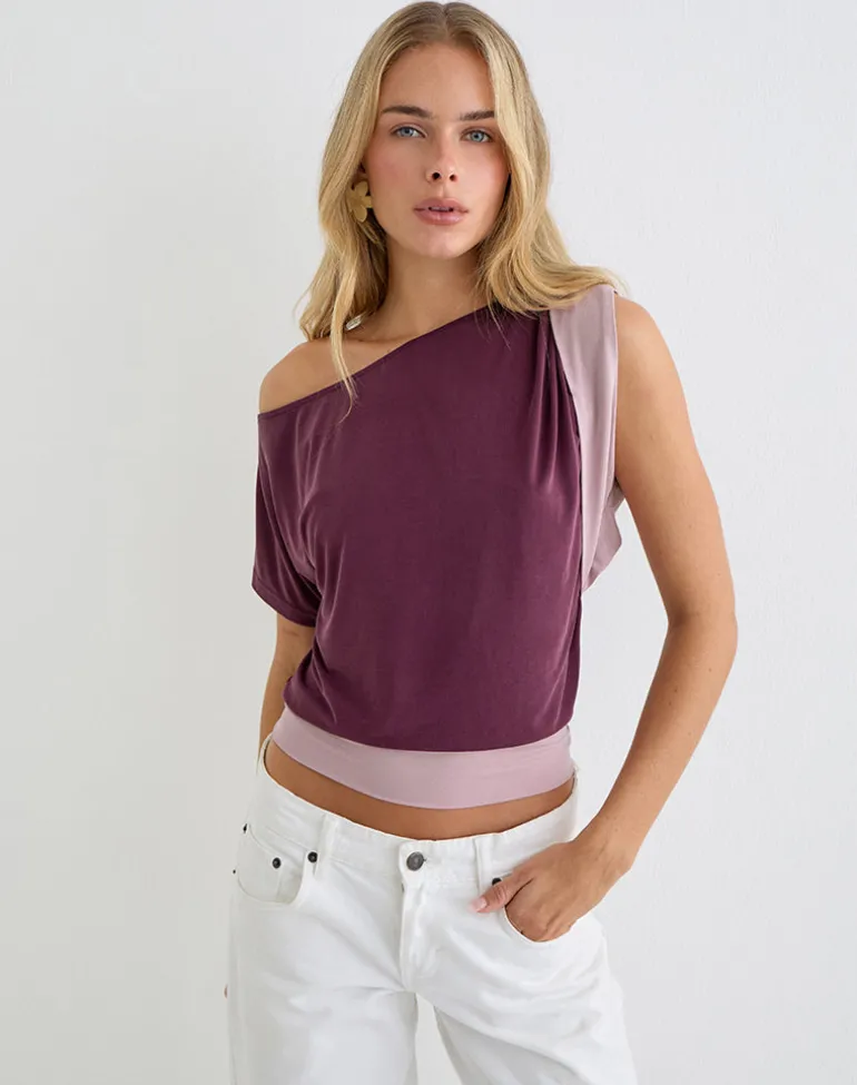 Sobiya One Shoulder Top in Cupro Deep Purple and Dusty Pink