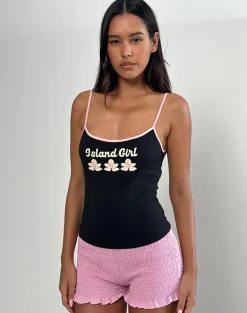 Solani Cami Top in Black with Baby Pink Binding and Island Girl Print