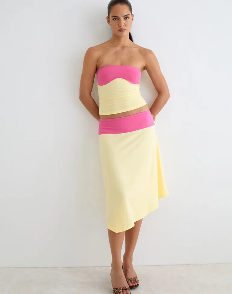 Soli Midi Skirt in Rayon Jersey Lemon Yellow and Deep Pink