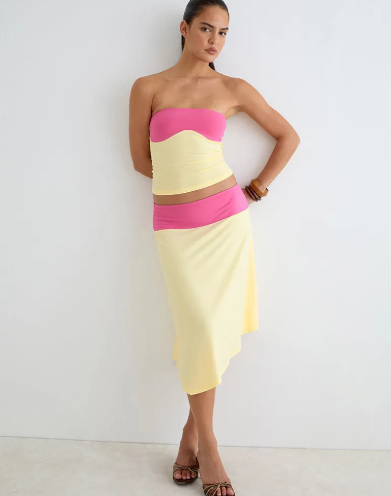 Soli Midi Skirt in Rayon Jersey Lemon Yellow and Deep Pink